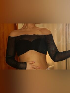 FASHION NOVA- Elegant Black Mesh Off-Shoulder Top